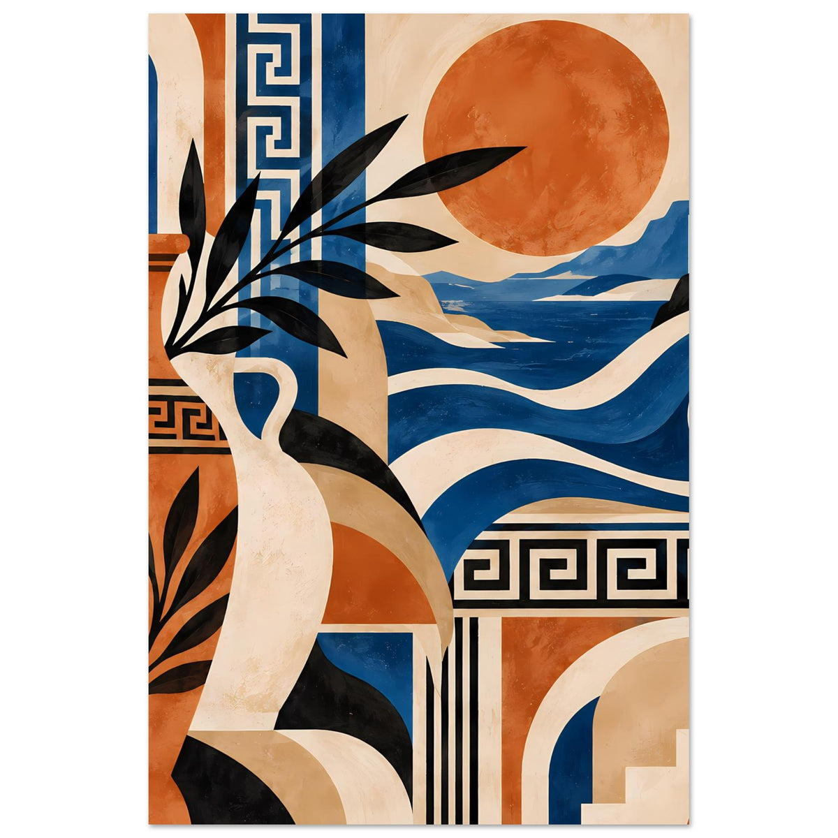 Mediterraner Kunstposter im Hochformat mit Sonne, Wellen, Vase und griechischem Muster