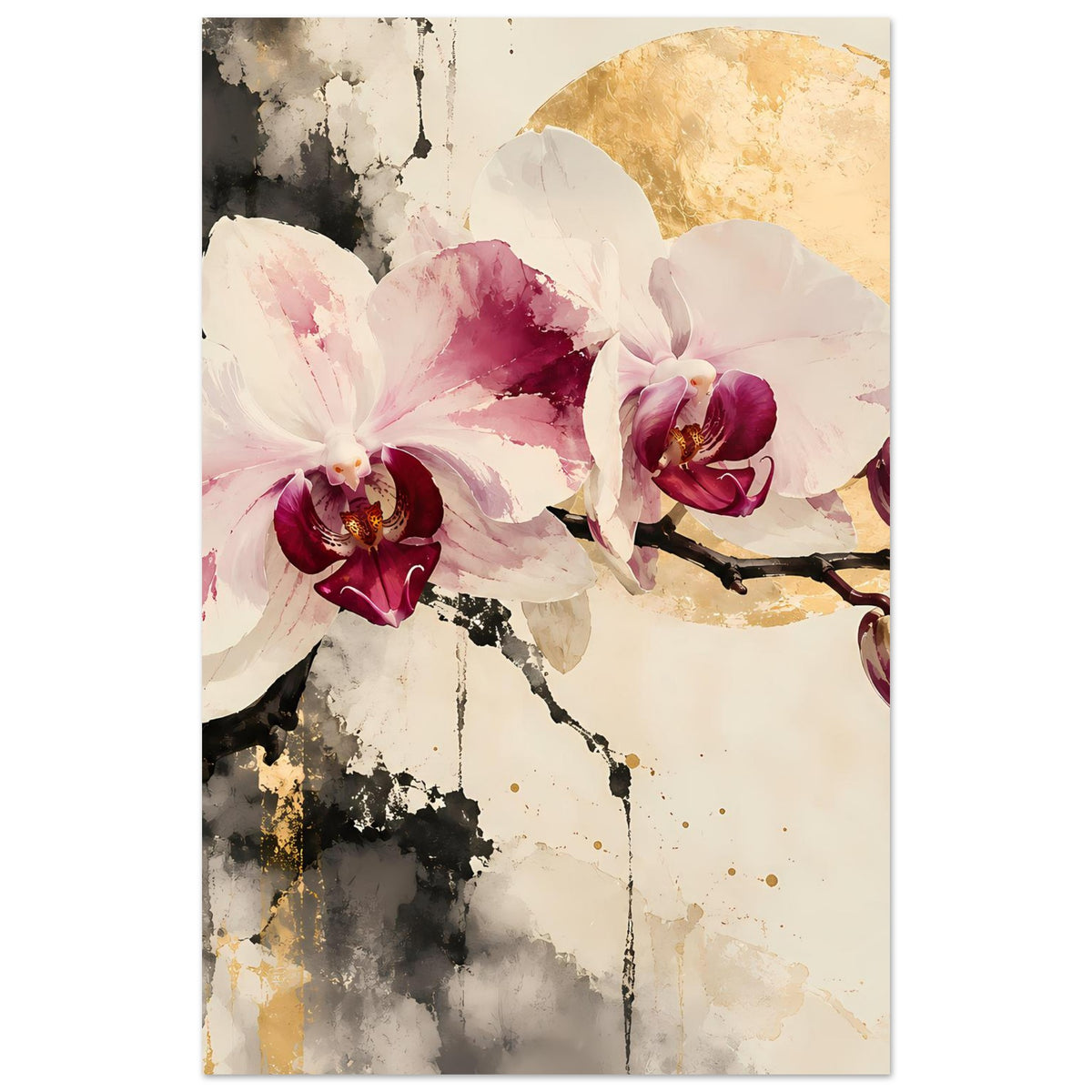 Blumenposter im Hochformat mit Orchideenblüten, goldener Fläche und Rankenast