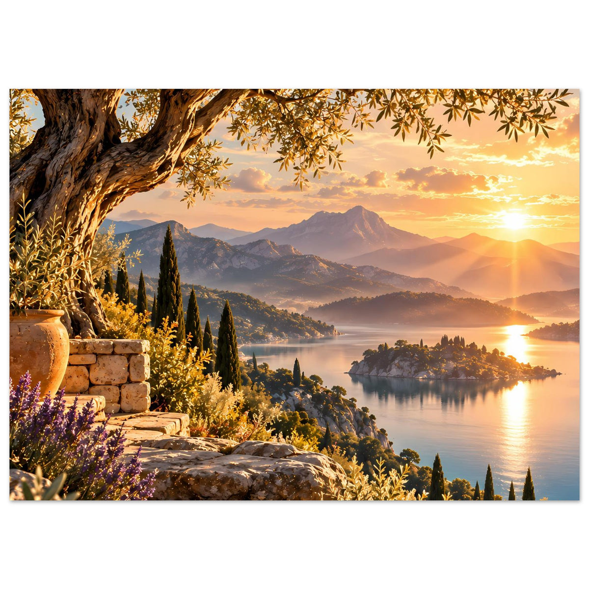 Landschafts-Poster im Querformat mit Sonnenuntergangssonne, See, Hügeln und blühenden Pflanzen