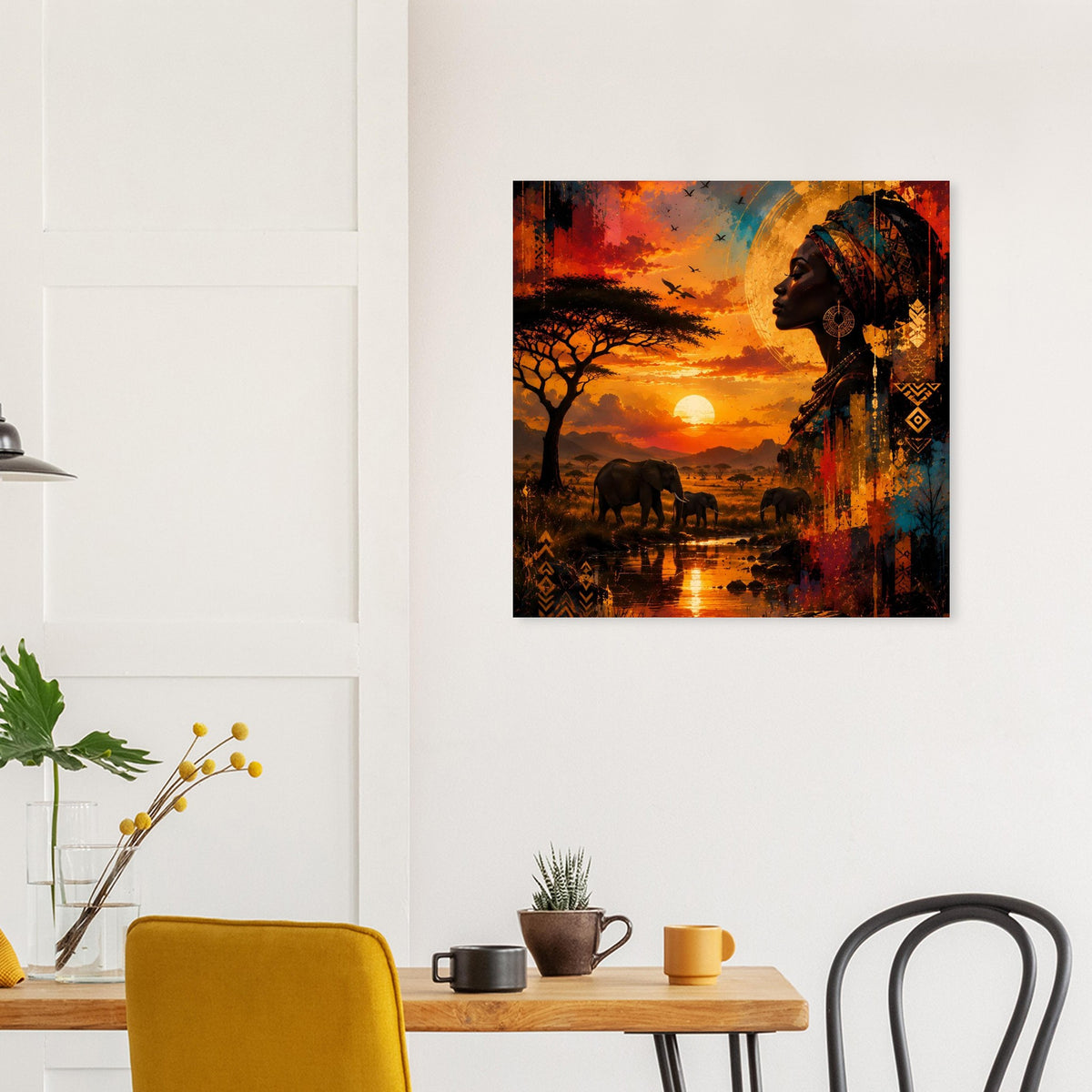 Kleines, quadratisches Poster mit Profil einer Frau, Savanne, Elefanten und Sonnenuntergang