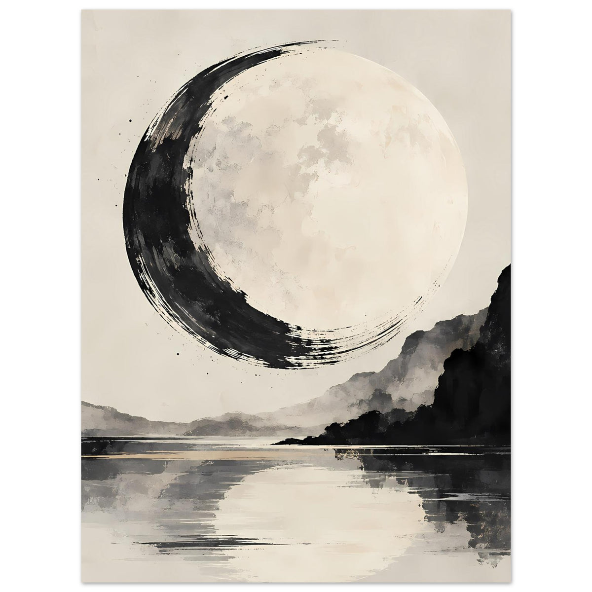 Schwarzweiß-Poster: kreisförmige Mondlandschaft, dunkle Felsen und spiegelndes Wasser