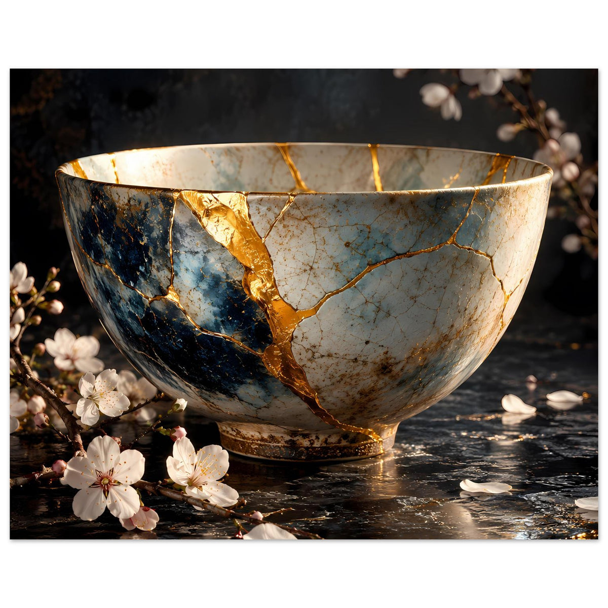 Kunstposter mit Kintsugi-Schale: goldene Bruchlinien auf blauem und hellem Keramikbild mit Blüten