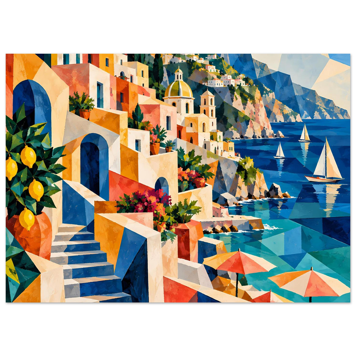 Kunstposter mit mediterraner Küste: Treppen, bunte Häuserfronten, Meer, Boote und Zitronenkrug