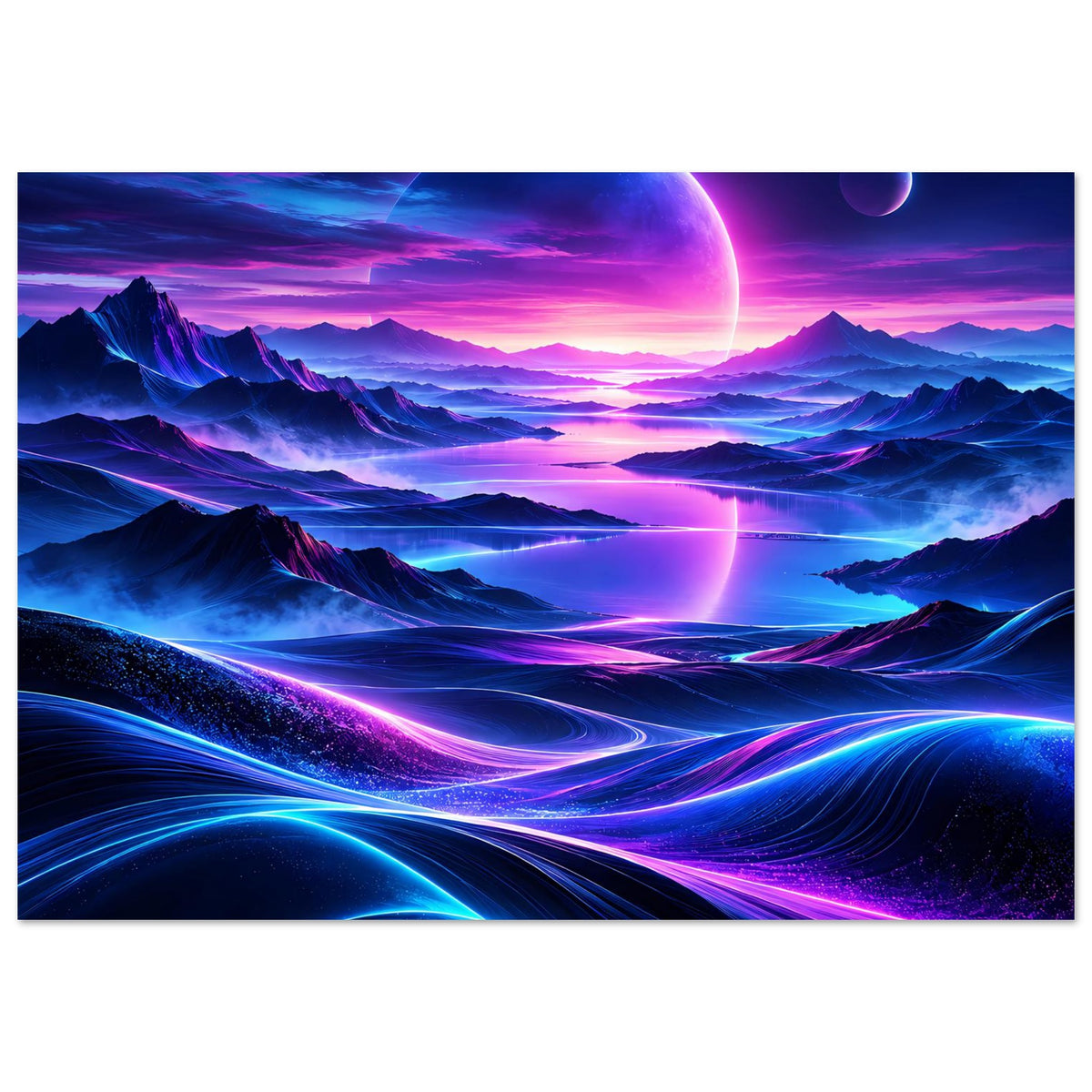 Horizontales Neon-Weltraum-Poster mit leuchtenden blauen und pinken Planeten