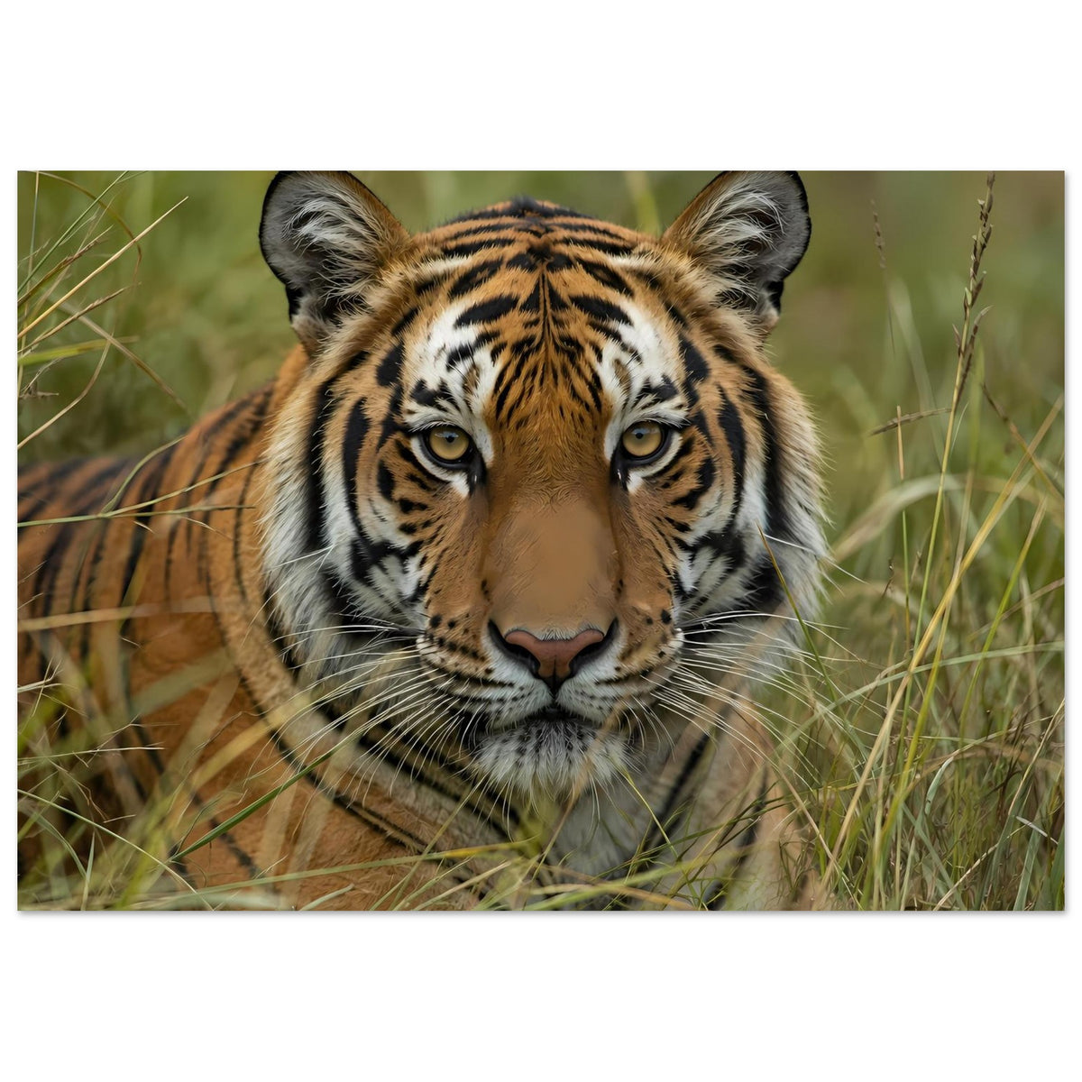 Wildtier-Poster mit Tiger im Gras, naher Blick auf Gesicht, Nase und Schnurrhaare