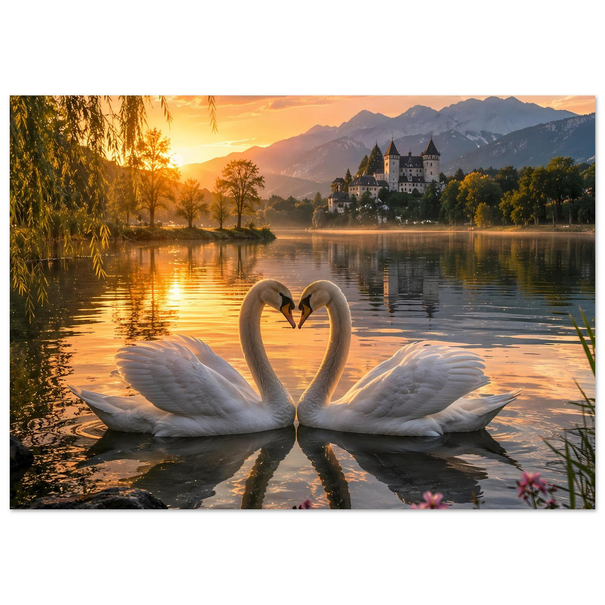 Poster mit zwei Schwänen im Herzmotiv, Sonnenuntergang über dem See, Schloss und Berge dahinter