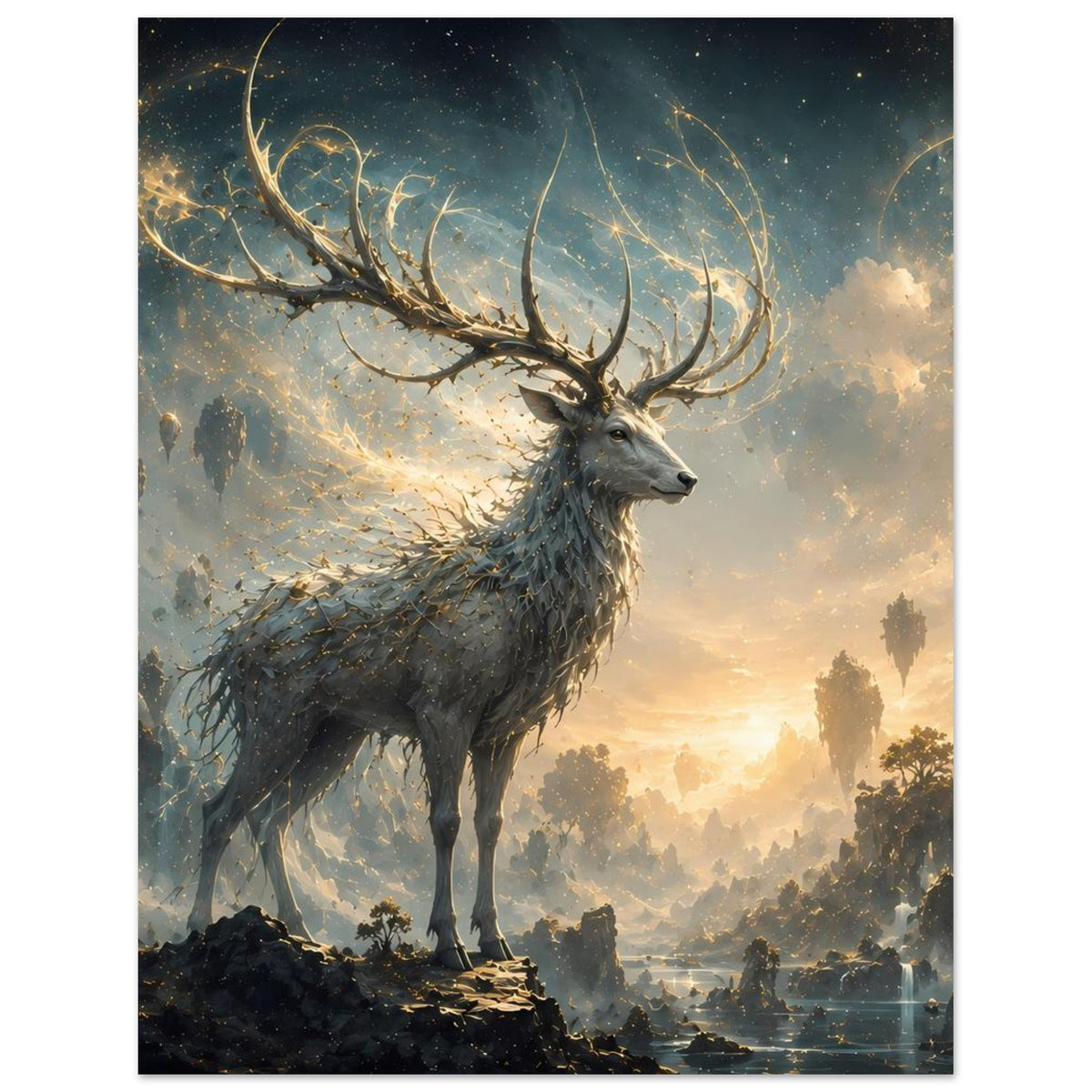 Poster mit Hirsch im Fantasy-Stil, langes Geweih, der Kopf nach rechts gedreht