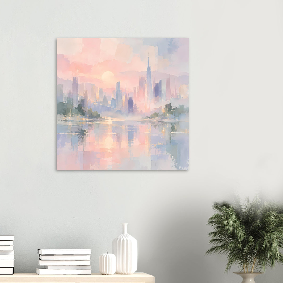 Kleines abstraktes Poster mit Pastell-Skyline, Sonnenball und Wasserreflexen