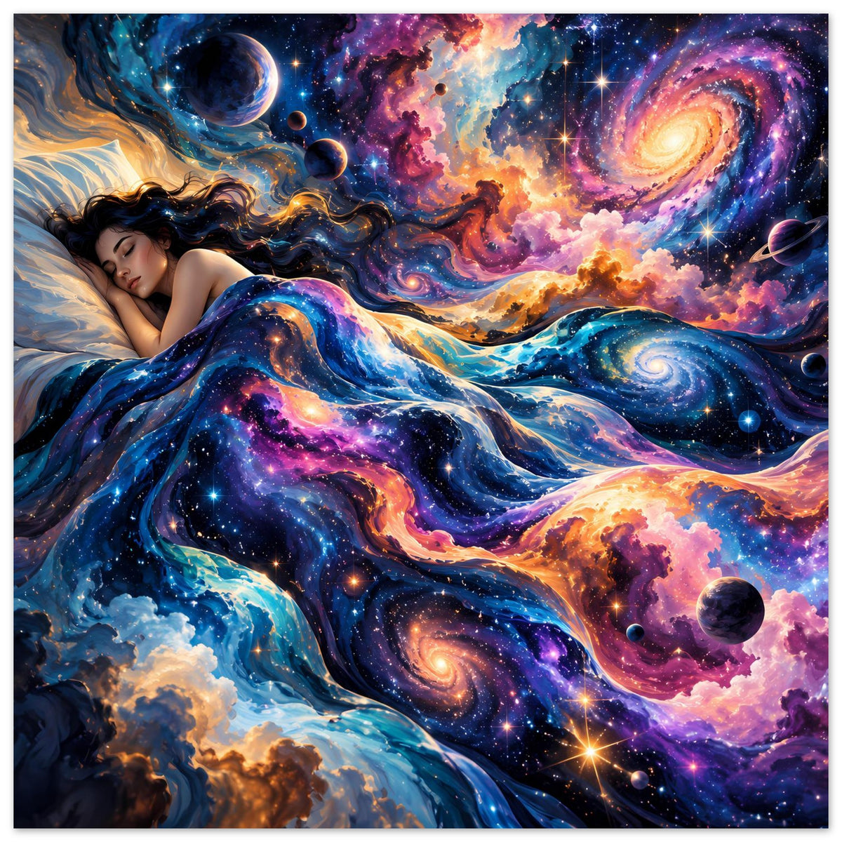 Galaxie-Poster im Hochformat: Frau unter kosmischen Mustern, Sterne, Monde und Galaxien