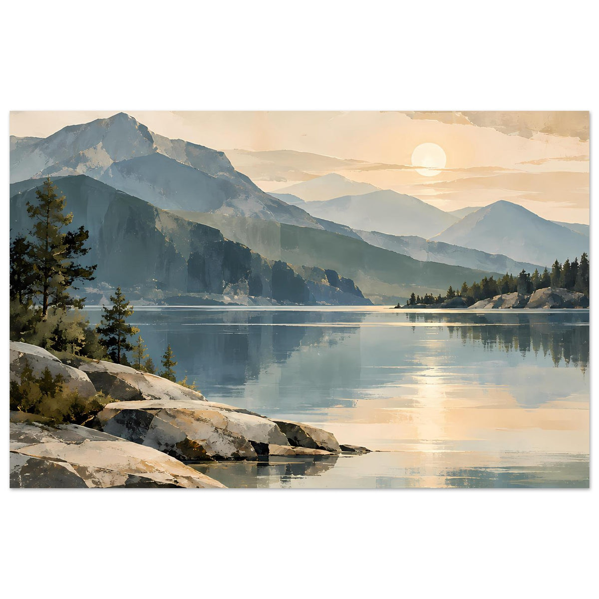 Horizontales Poster: Berge und See bei Sonnenaufgang, Felsufer und Spiegelung im Wasser.
