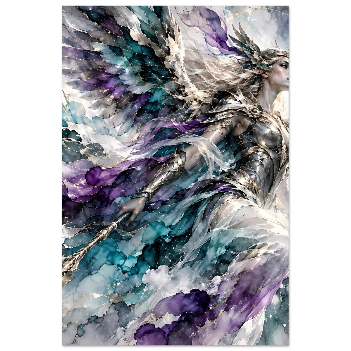 Fantasy-Kriegerengel-Poster mit silberner Rüstung, Flügeln in Blau und Violett, Engel im Halbprofil.