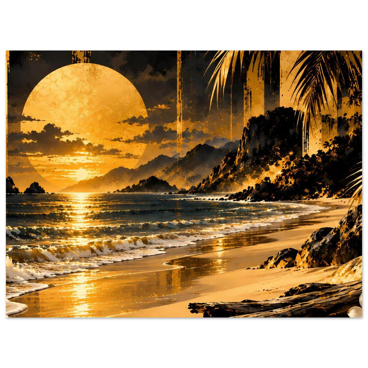 Horizontales Poster mit Strand-Sonnenuntergang, goldenen Wellen und Palmen
