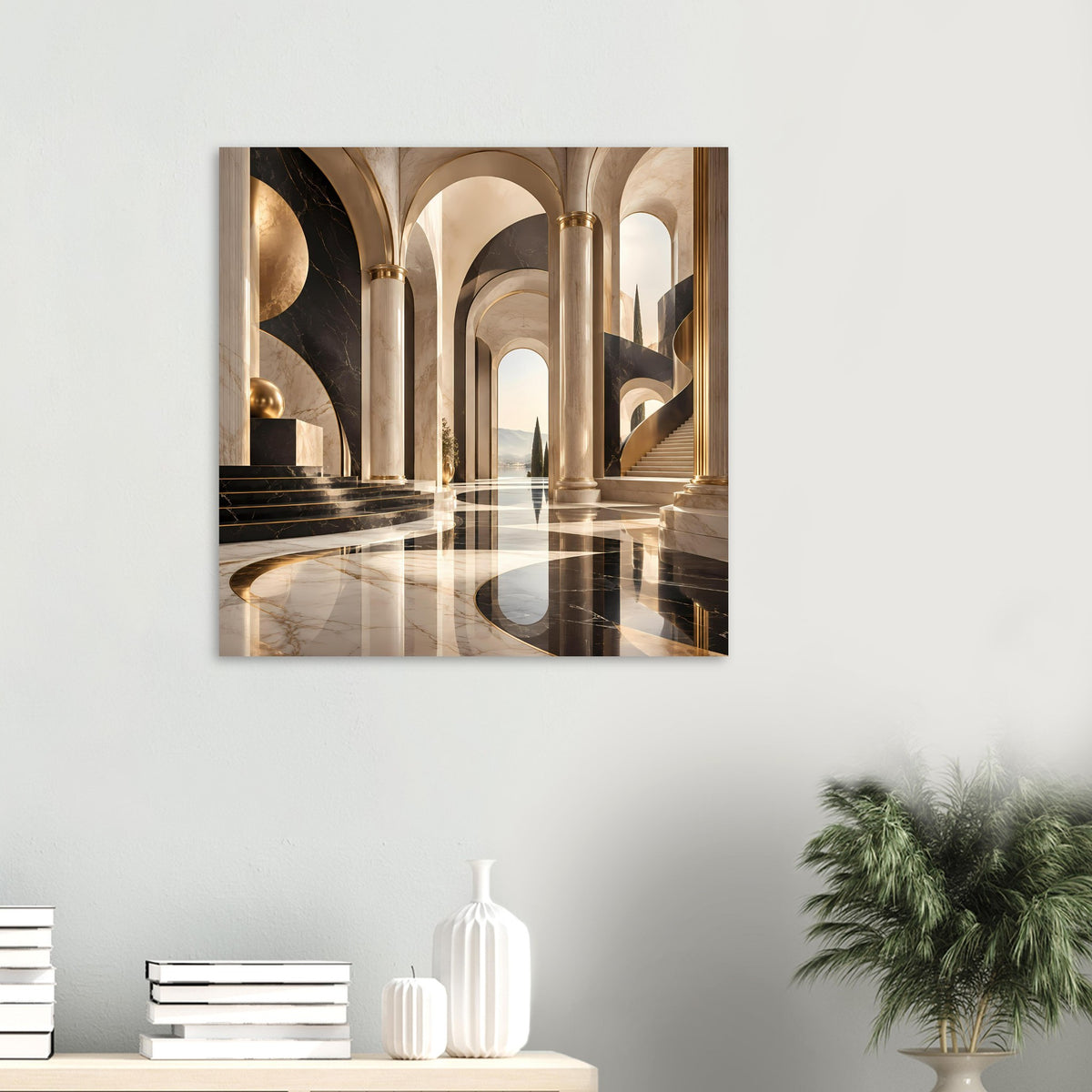Kleines gerahmtes Architekturposter im Schwarz-Gold-Marmorlook mit Säulen und Rundbögen
