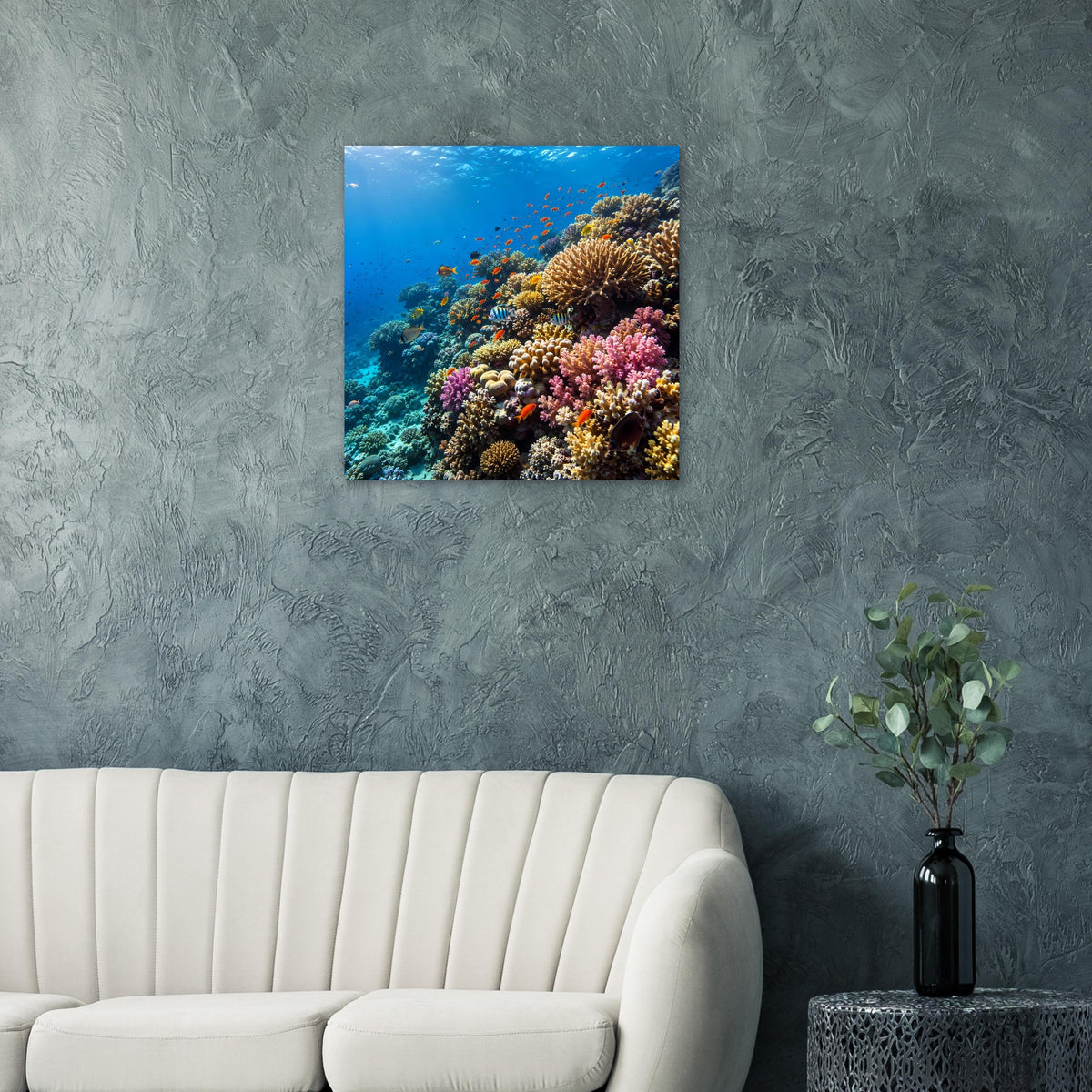 Korallenriff-Poster im Quadrat mit lebhaftem Riff und tropischen Fischen