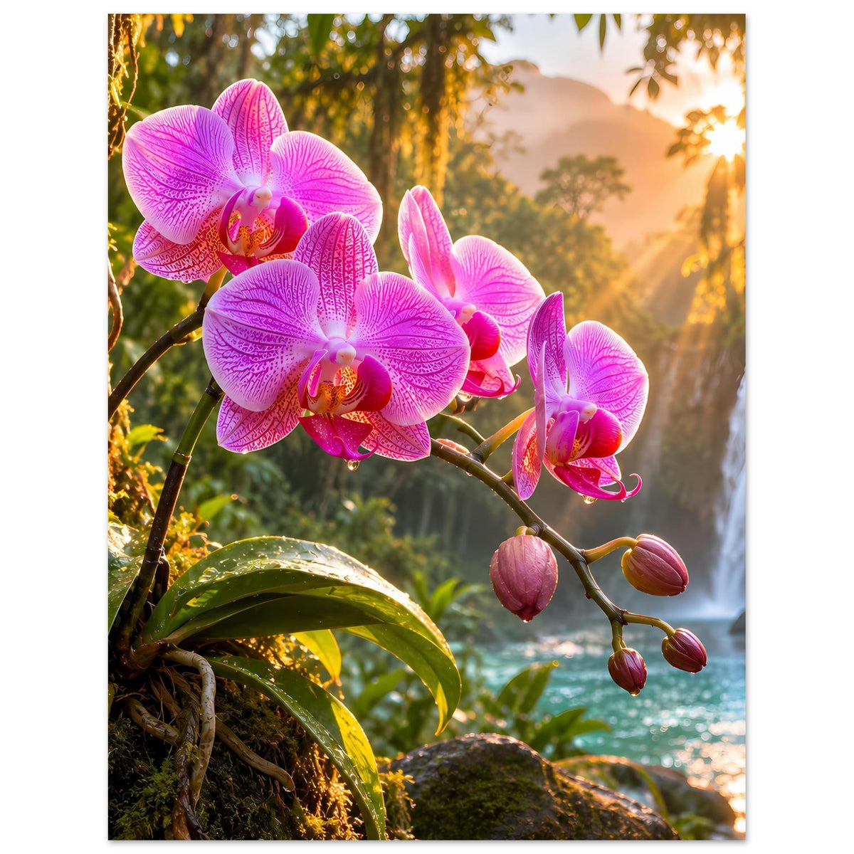 Poster mit rosa Orchideenblüten und grünen Blättern am Ast, Wasserfallpartie rechts