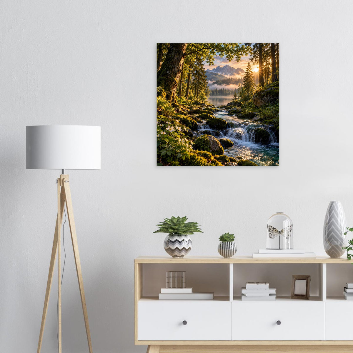 Wasserfall-Poster mit Waldlandschaft, quadratisch, auf mattem Premiumpapier