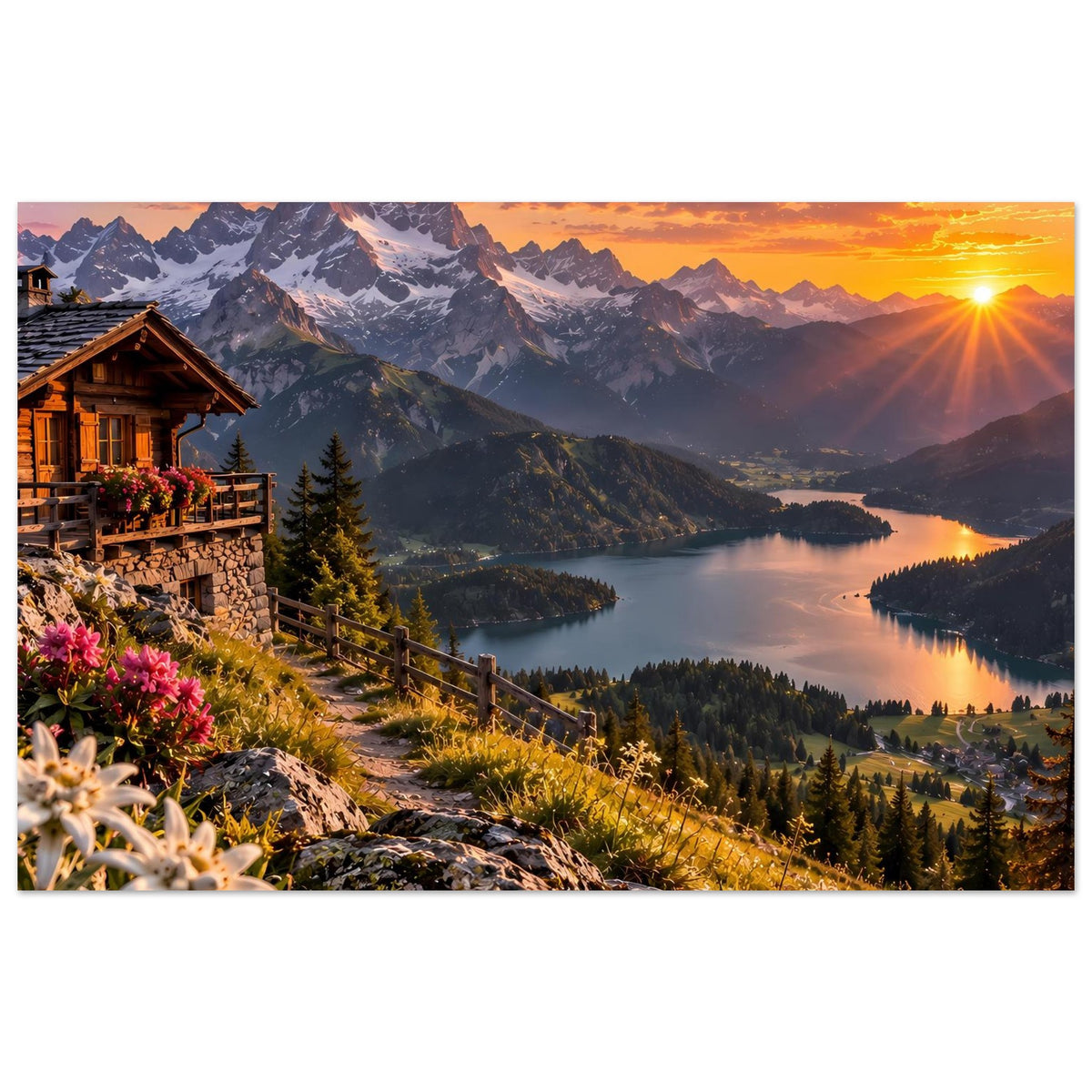 Querformat Poster mit Alpenpanorama: Hütte, See, Blumenwiese und Sonnenuntergang
