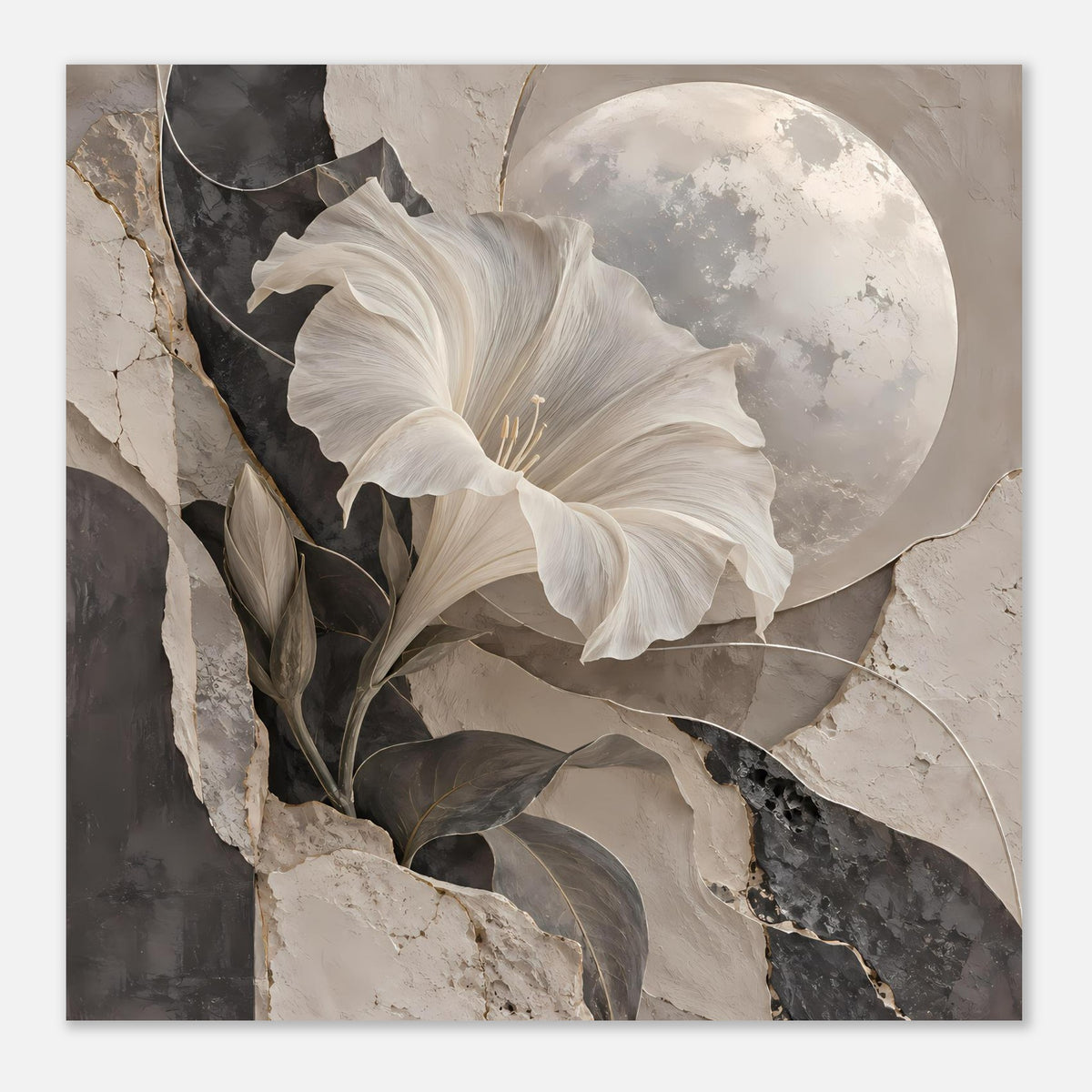 Horizontales Kunstposter mit weißer Blüte und Halbmond, dunklem Blattwerk und Marmorstruktur