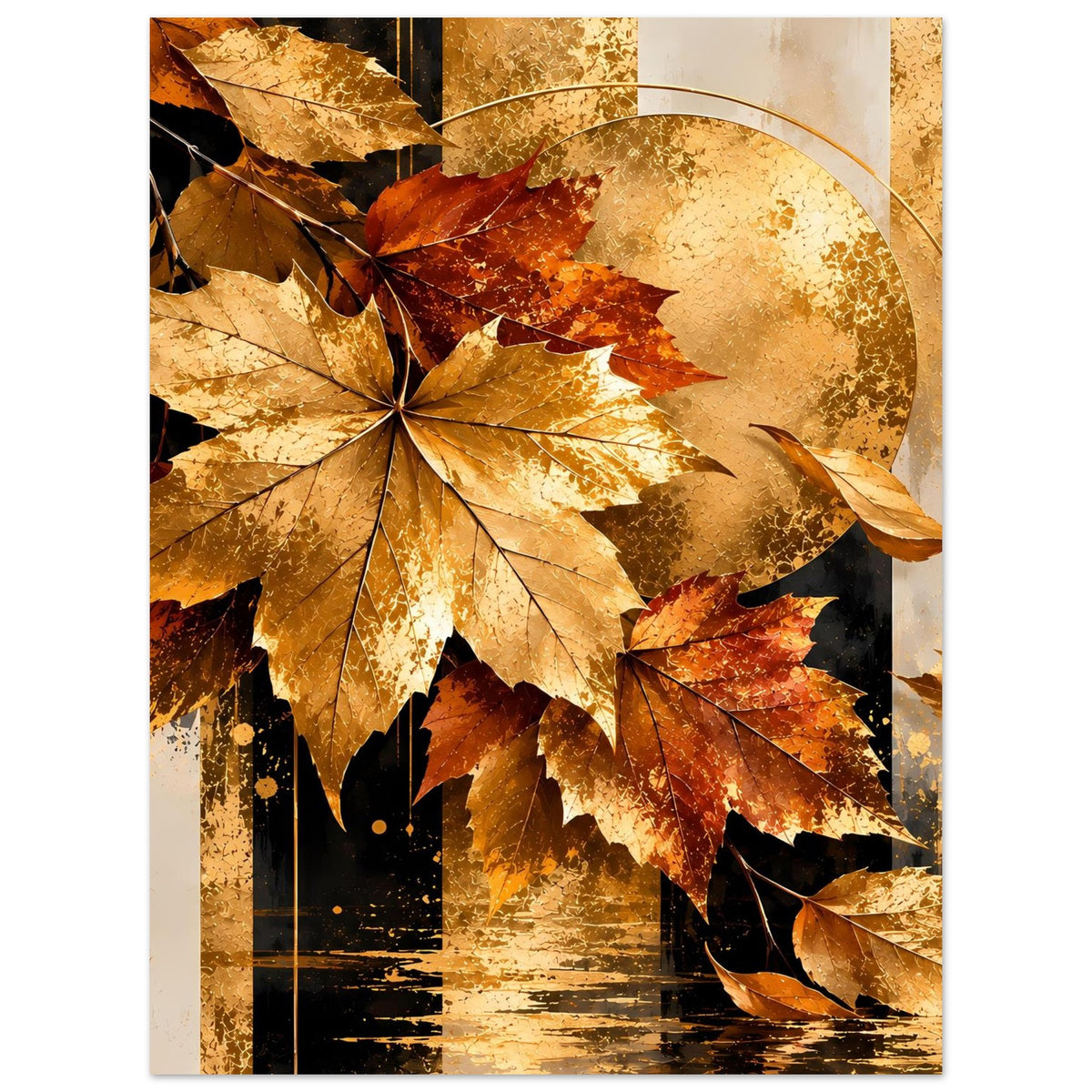 Herbstposter mit goldenen Ahornblättern und Kreis-Sonne im Hintergrund