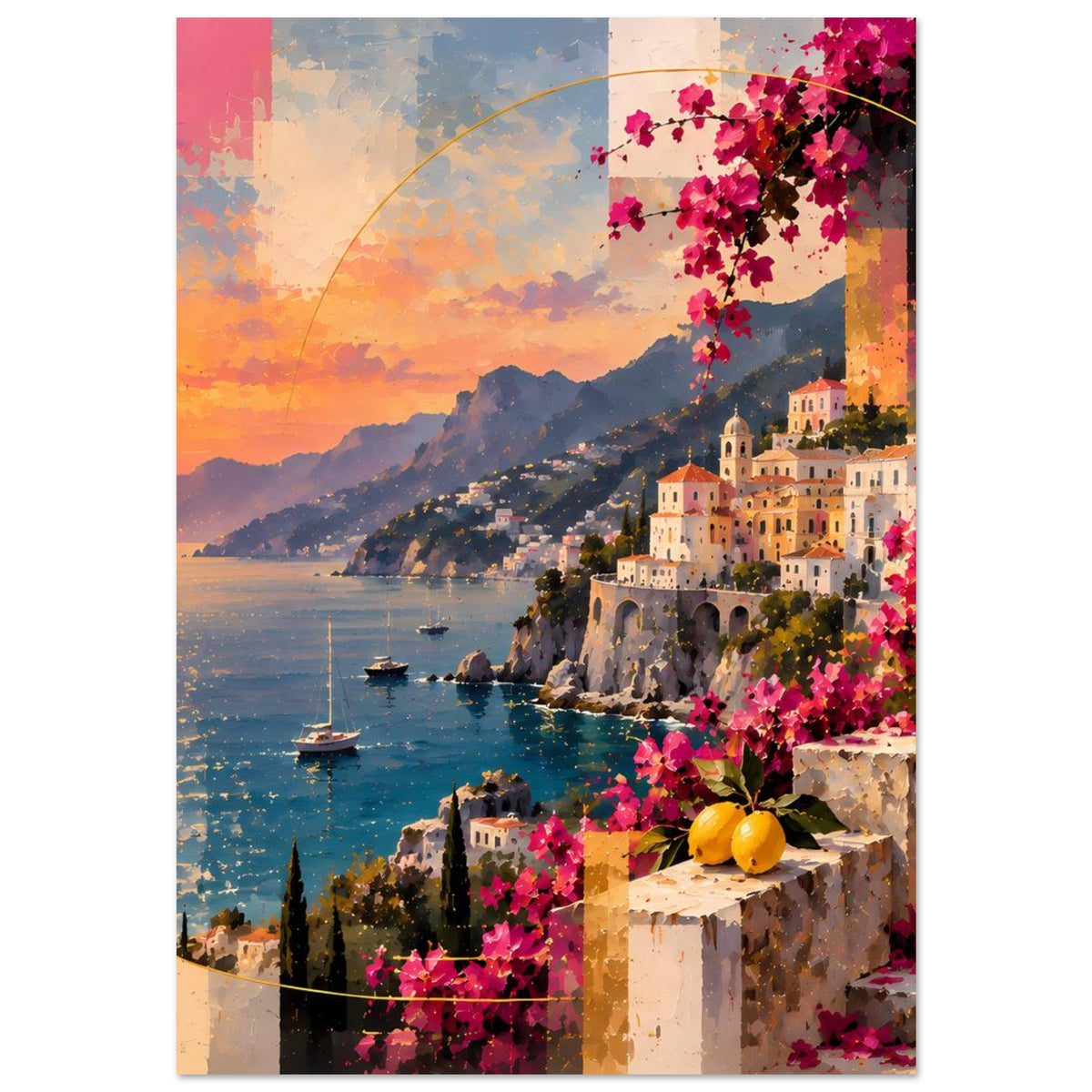 Poster einer Küste bei goldenem Sonnenuntergang mit lila Bougainvillea und Zitrusfrüchten
