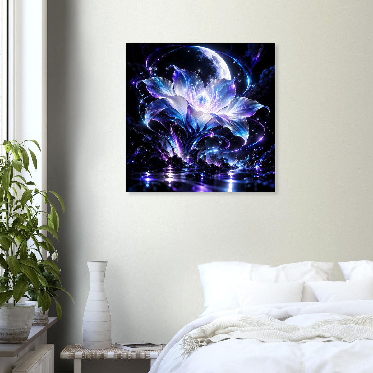 Poster mit leuchtender blauer lila Fantasy-Blüte und Mondsilhouette, sternenreicher Gestaltung