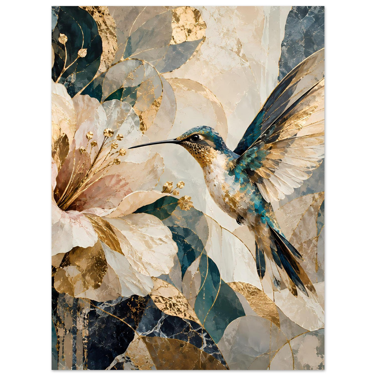 Kunstposter im Hochformat mit Kolibri und Blumen, Beige-Blau-Gold Farbakzenten