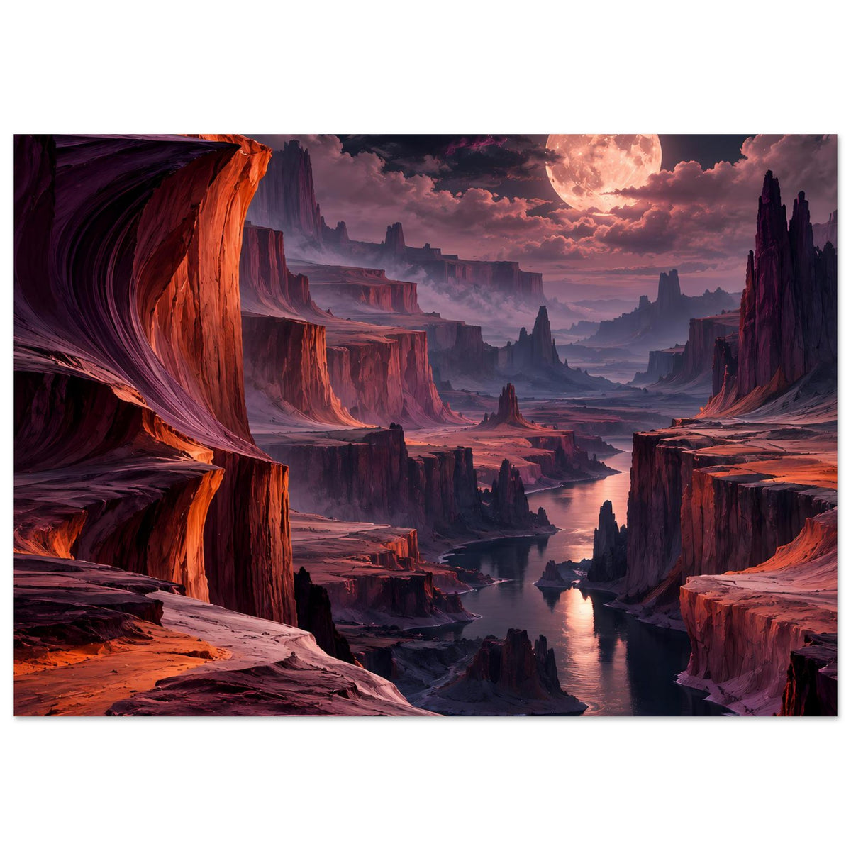 Horizontales Landschaftsposter: Canyonlandschaft mit Fluss, orange-roten Felsen und Vollmond über Tal.