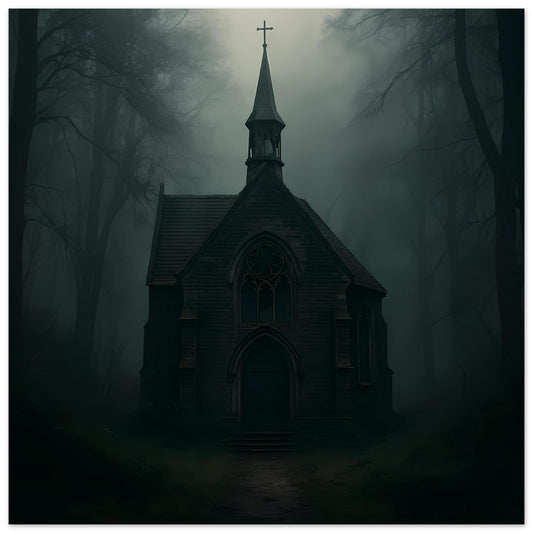 Poster mit dunkler Kapelle, Kreuz auf dem Turm, nebliger Waldhintergrund im Fokus