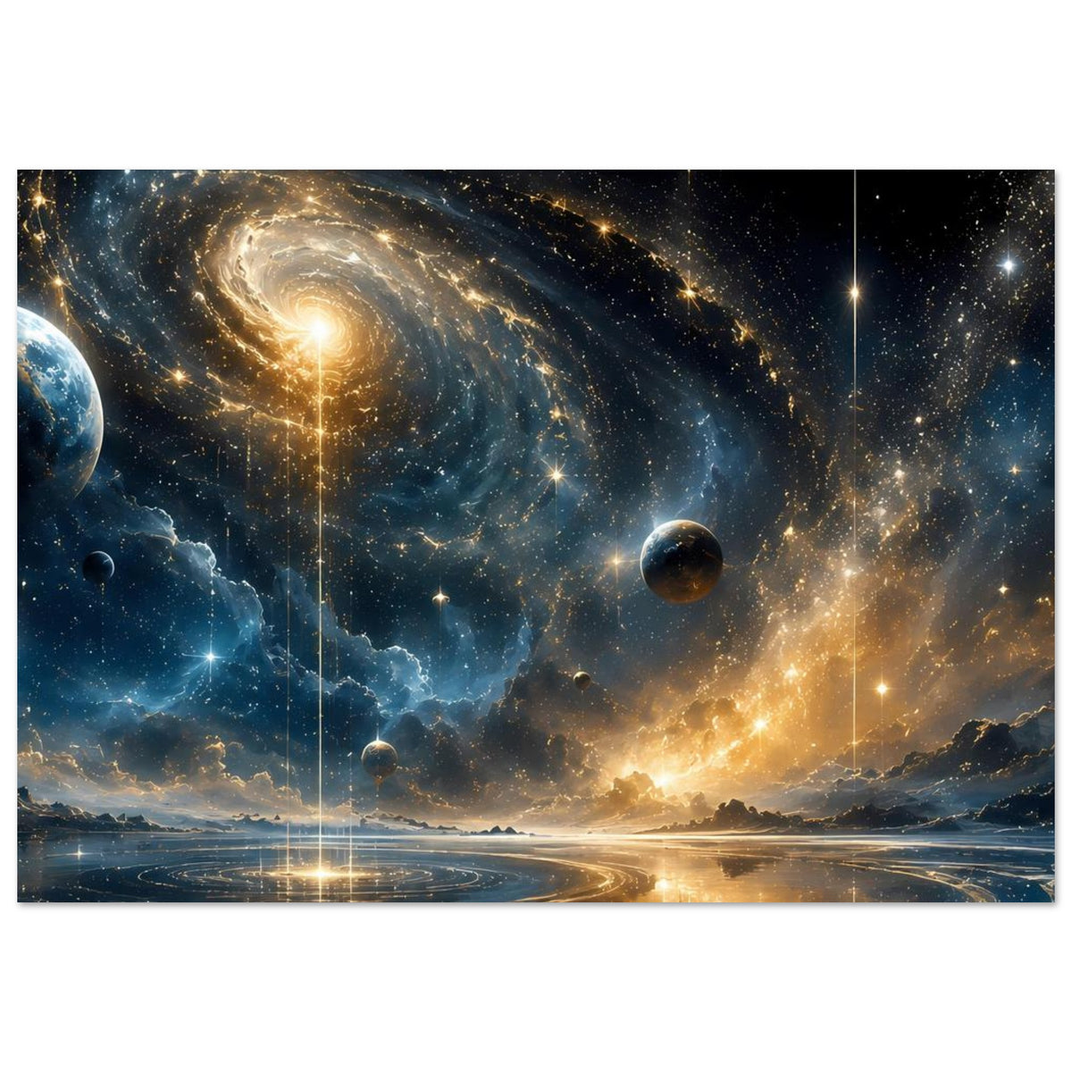 Querformatiges Poster mit Spiralgalaxie, Sternen und mehreren Planeten im Weltraum