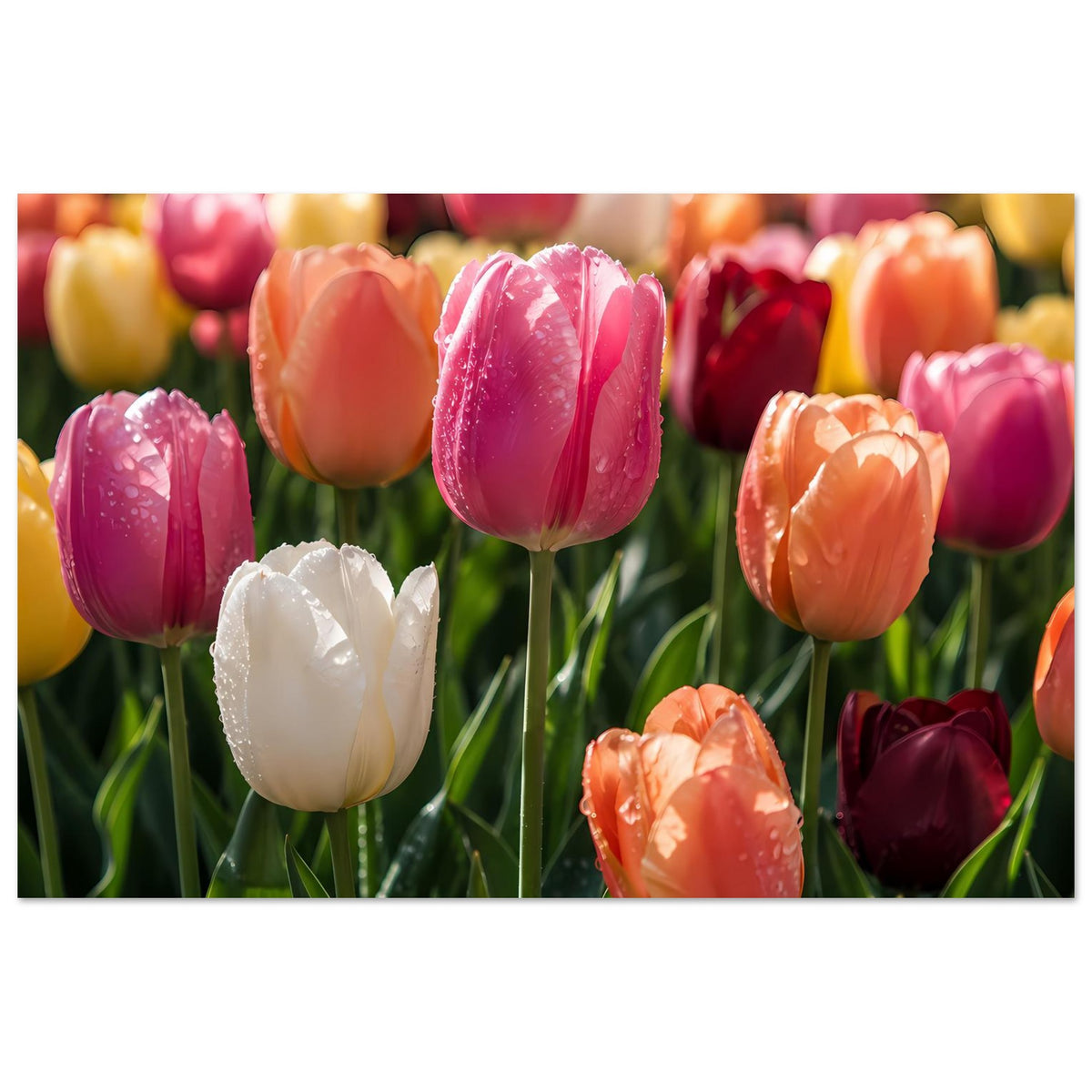 Tulpen-Garten-Poster: üppiger Blütenmix aus Pink, Orange, Violett und weißer Tulpe im Druck