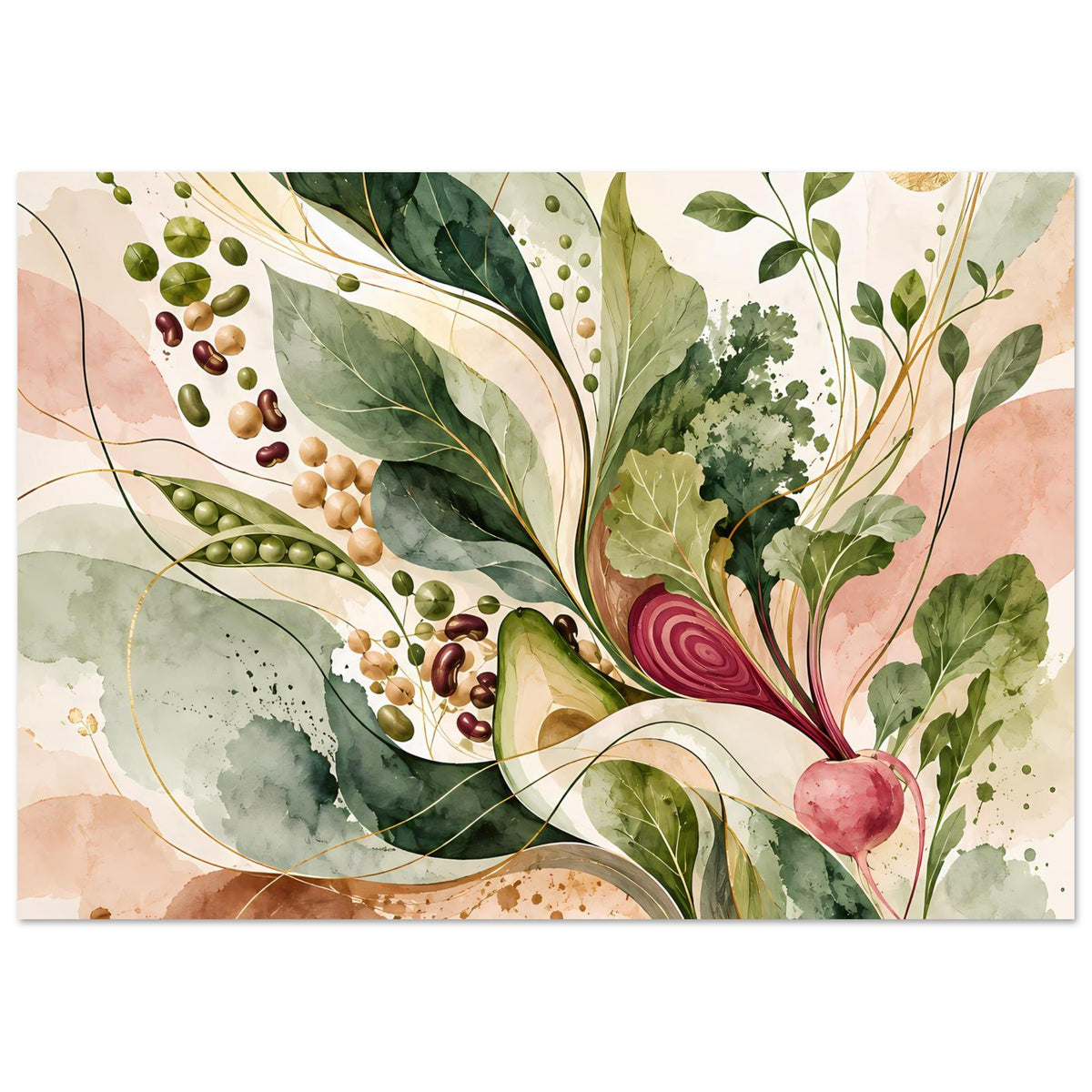 Naturposter im Querformat mit botanischer Komposition: Blätter, Erbsen, Rübe