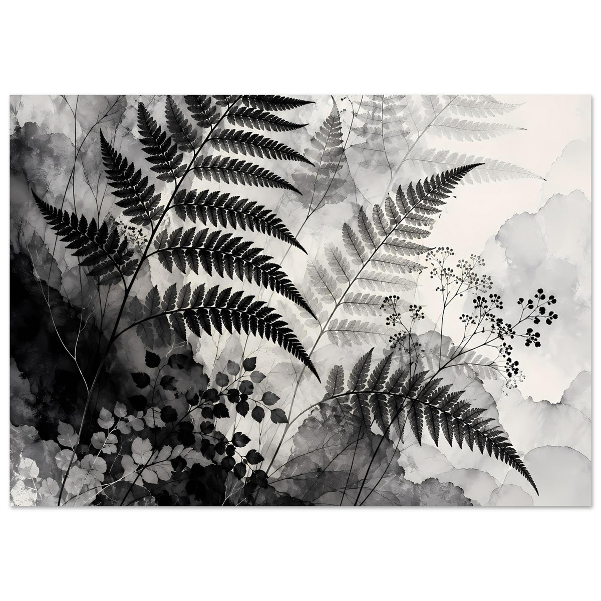 Botanisches Kunstposter mit Farnblättern in Schwarzweiß, horizontal