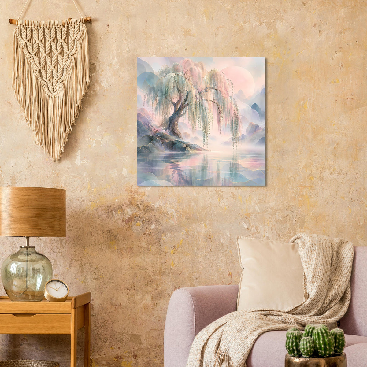 Naturposter mit Trauerweide und ruhigem Wasser, Pastellfarben und zarte Wolken