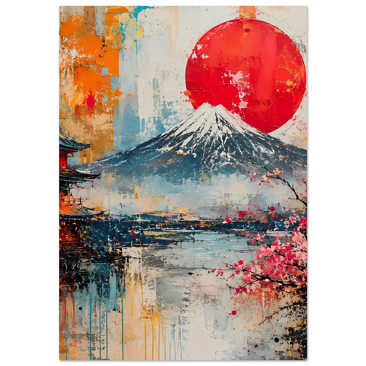 Japanisches Poster (vertikal): Fuji-Berg, roter Kreis und blühende Kirschzweige