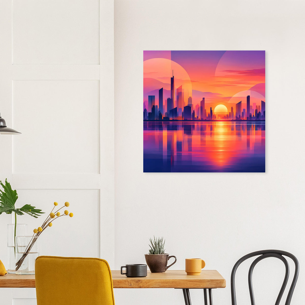 Quadratisches Stadtposter mit Skyline am Abendhimmel und Wasserspiegelung in Blau und Orange