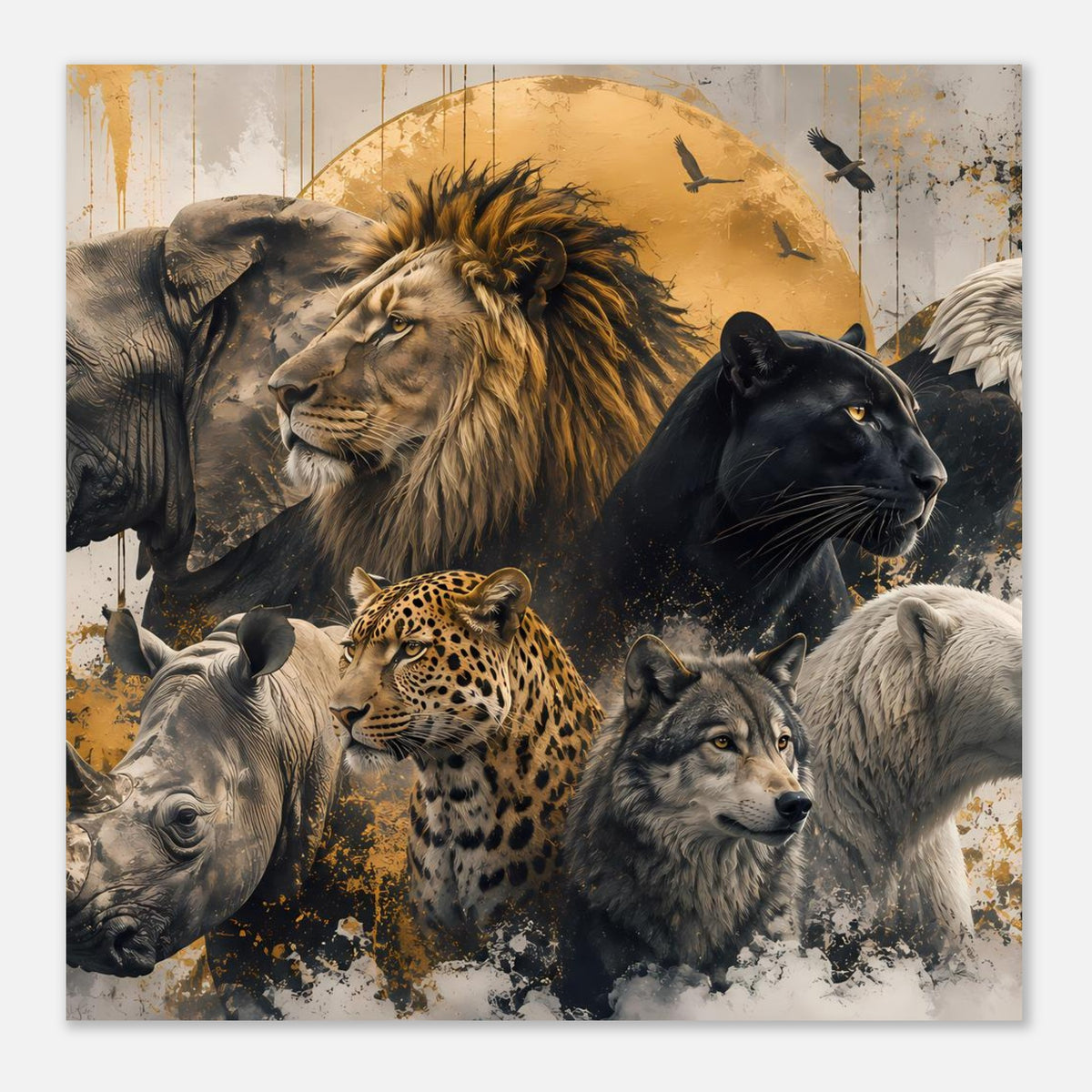 Wildtier-Poster mit Löwe, Panther, Leopard, Wolf und Elefant; Vögel über dem Motiv