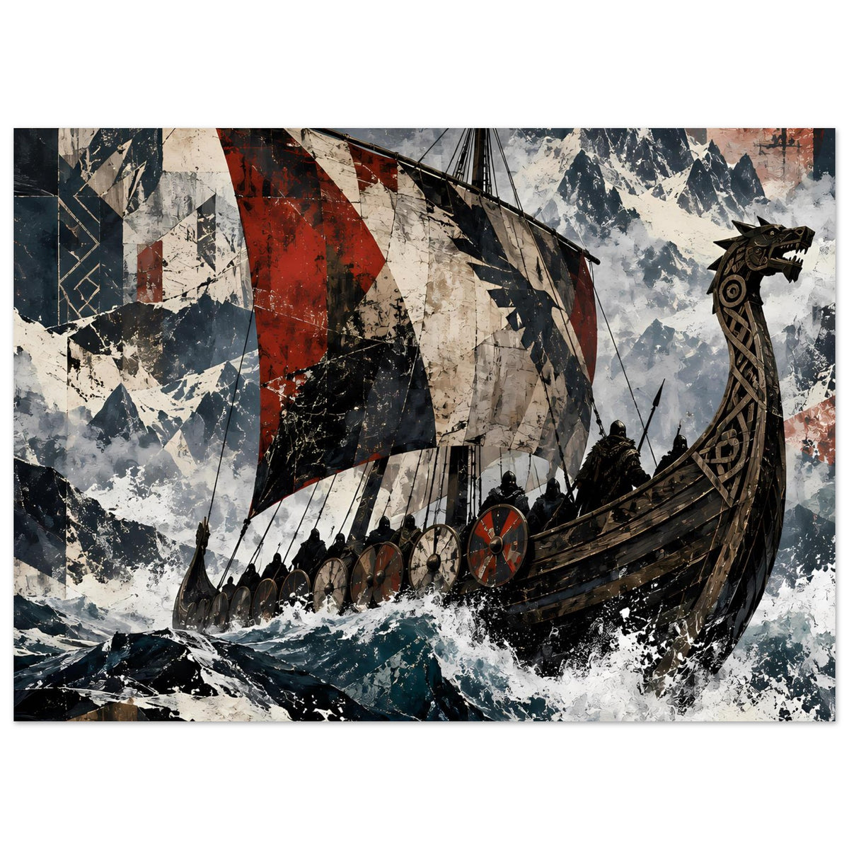Wikingerschiff-Poster mit Segelboot, Sturmwellen und kontrastreichen Segelmustern in Rot und Schwarz