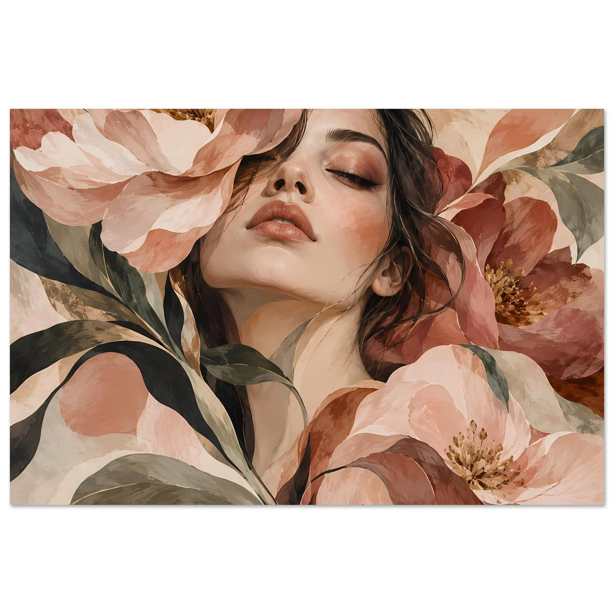 Blumenposter im Querformat: Frau mit geschlossenen Augen zwischen weichen Blüten
