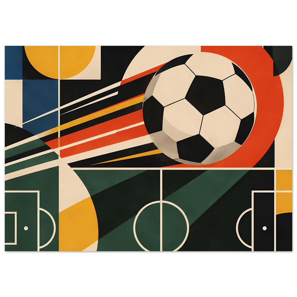 Geometrisches Fußballkunst-Poster: Fußball mit Kegel- und Streifenmuster sowie Torrahmen