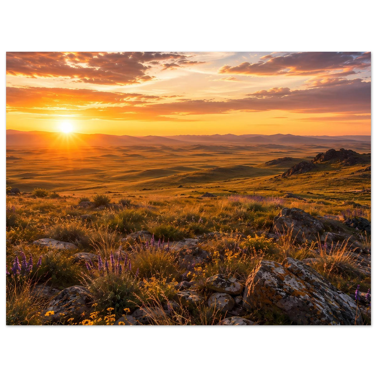 Horizontales Landschaftsposter mit Sonnenuntergang über weiten Feldern, Gräsern und Steinen