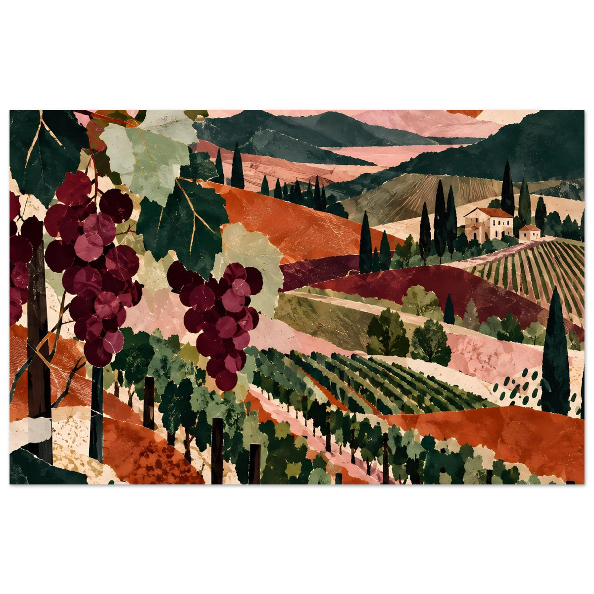 Weinreben-Landschaftsposter, Panorama mit Trauben, Reihen von Weinbergen und Dorf
