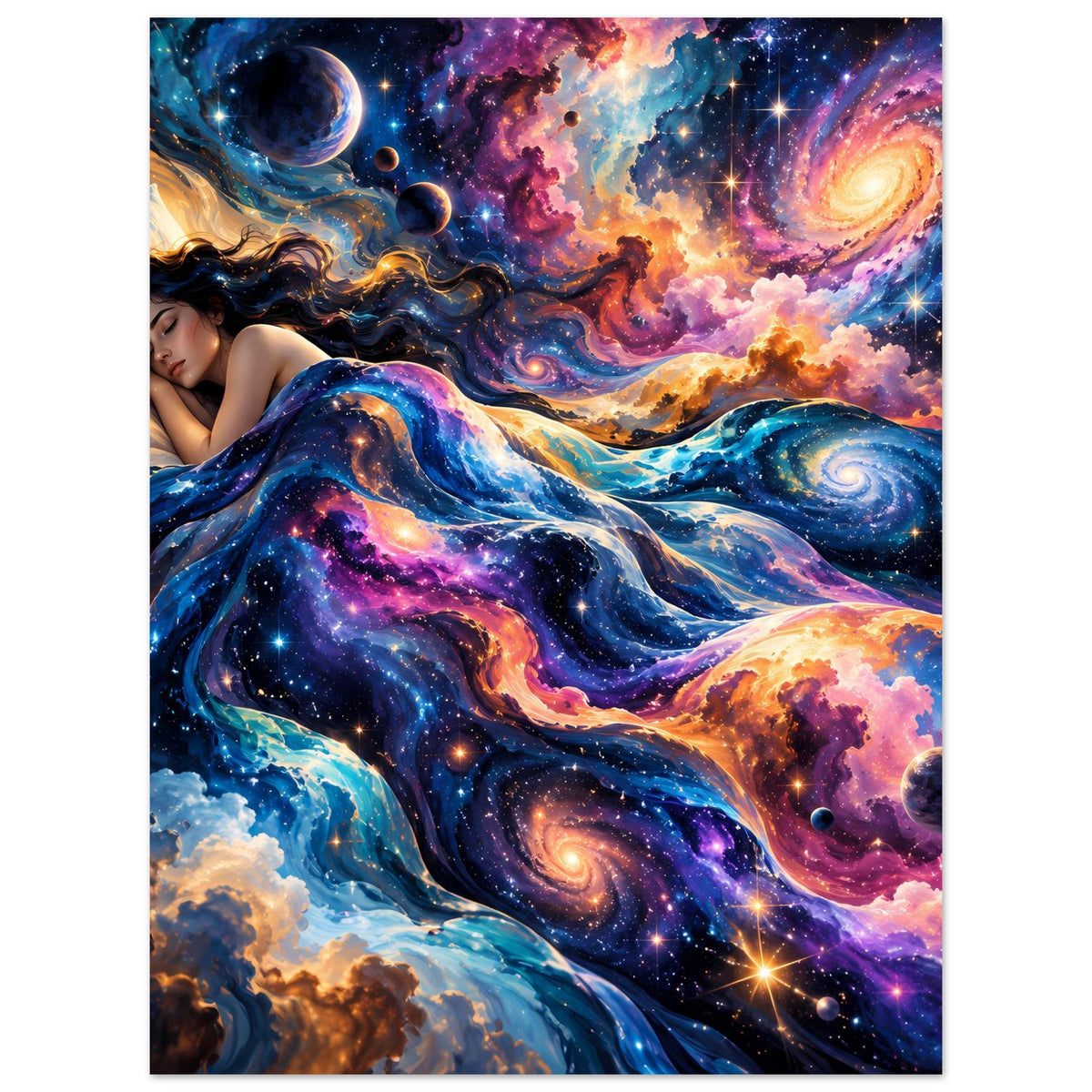 Vertikales Galaxie-Poster mit schlafender Frau, leuchtenden Spiralnebeln und Sternen