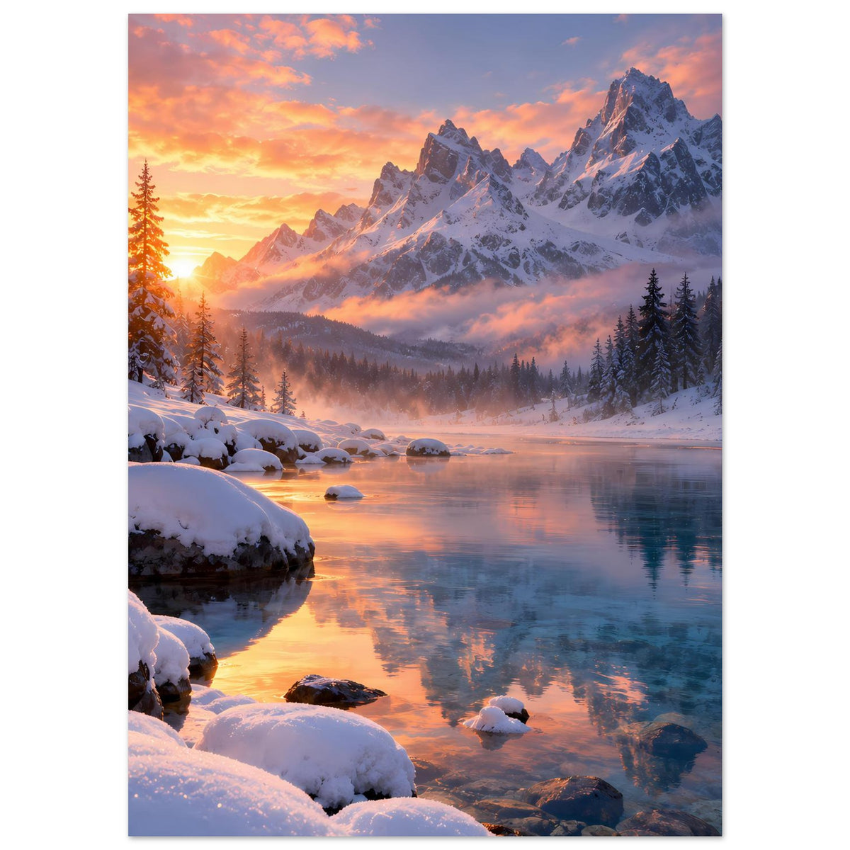 Poster mit Bergmassiv im Schnee, Kiefern, Winternebel und Sonnenuntergang