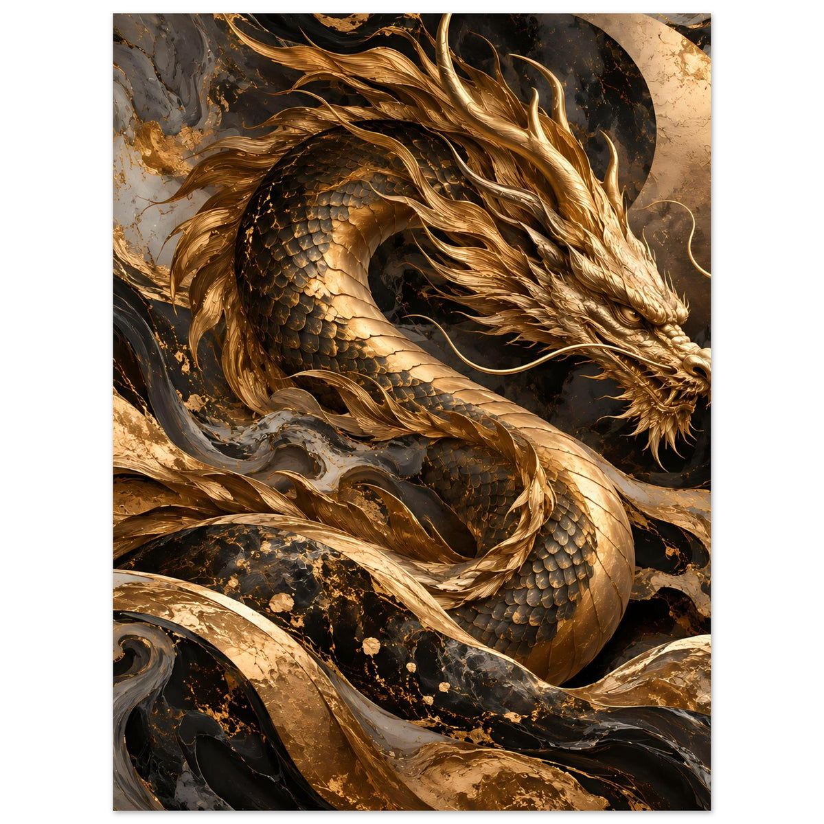 Fantasy-Poster: goldener Drachenkopf und Schlangenkörper mit feurigen Farbakzenten