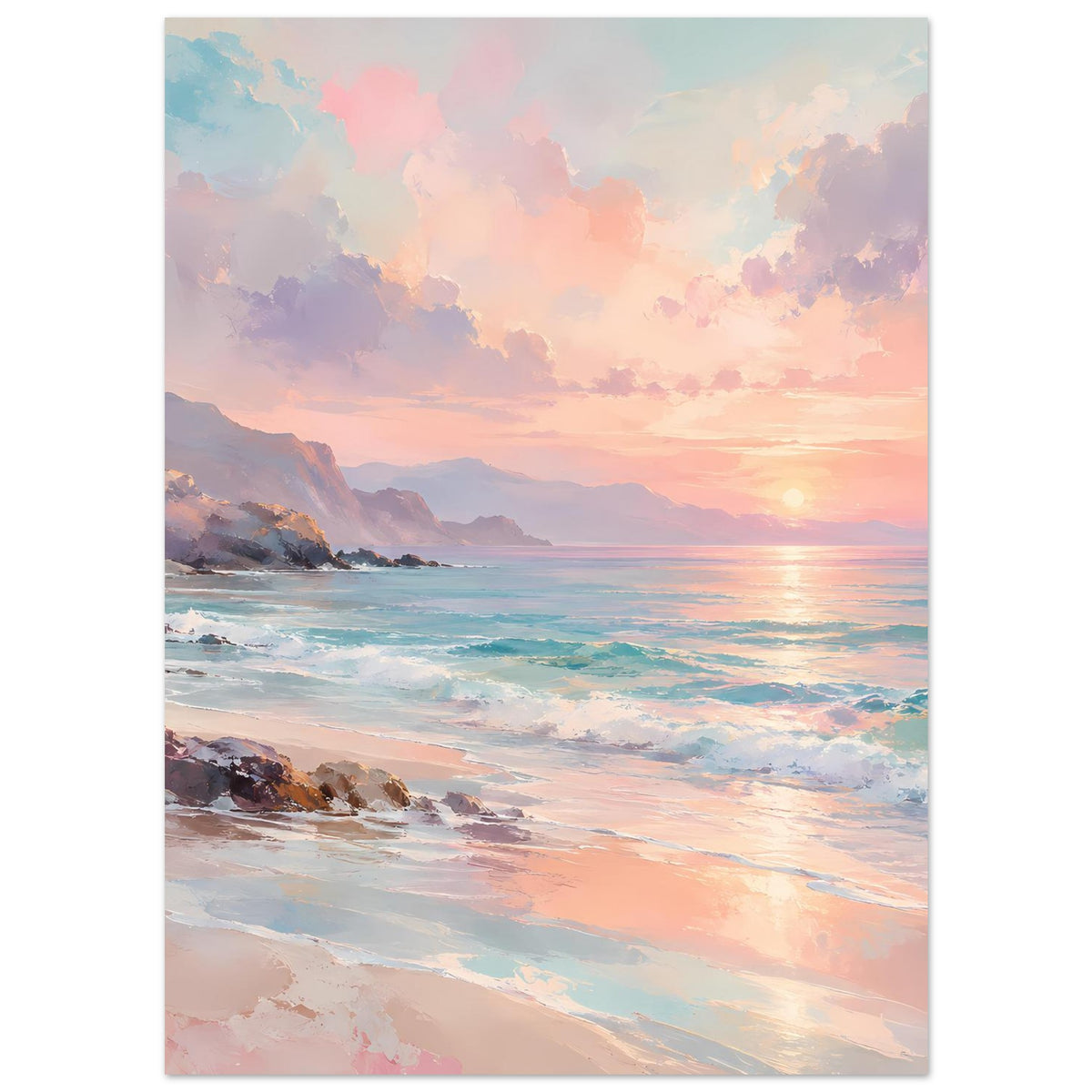 Poster mit Küstenpanorama, goldenes Licht über dem Meer und rosa Wolken