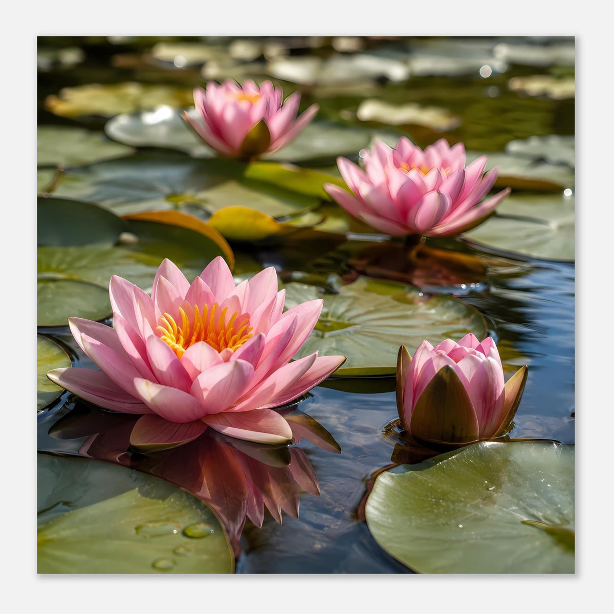 Wandposter mit rosa Seerosenblüten und grünen Blättern auf ruhiger Wasseroberfläche