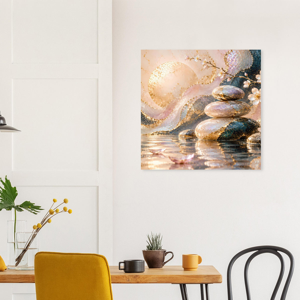 Kunstposter mit Goldakzenten, Steinhaufen am Wasser mit warmem Schimmer