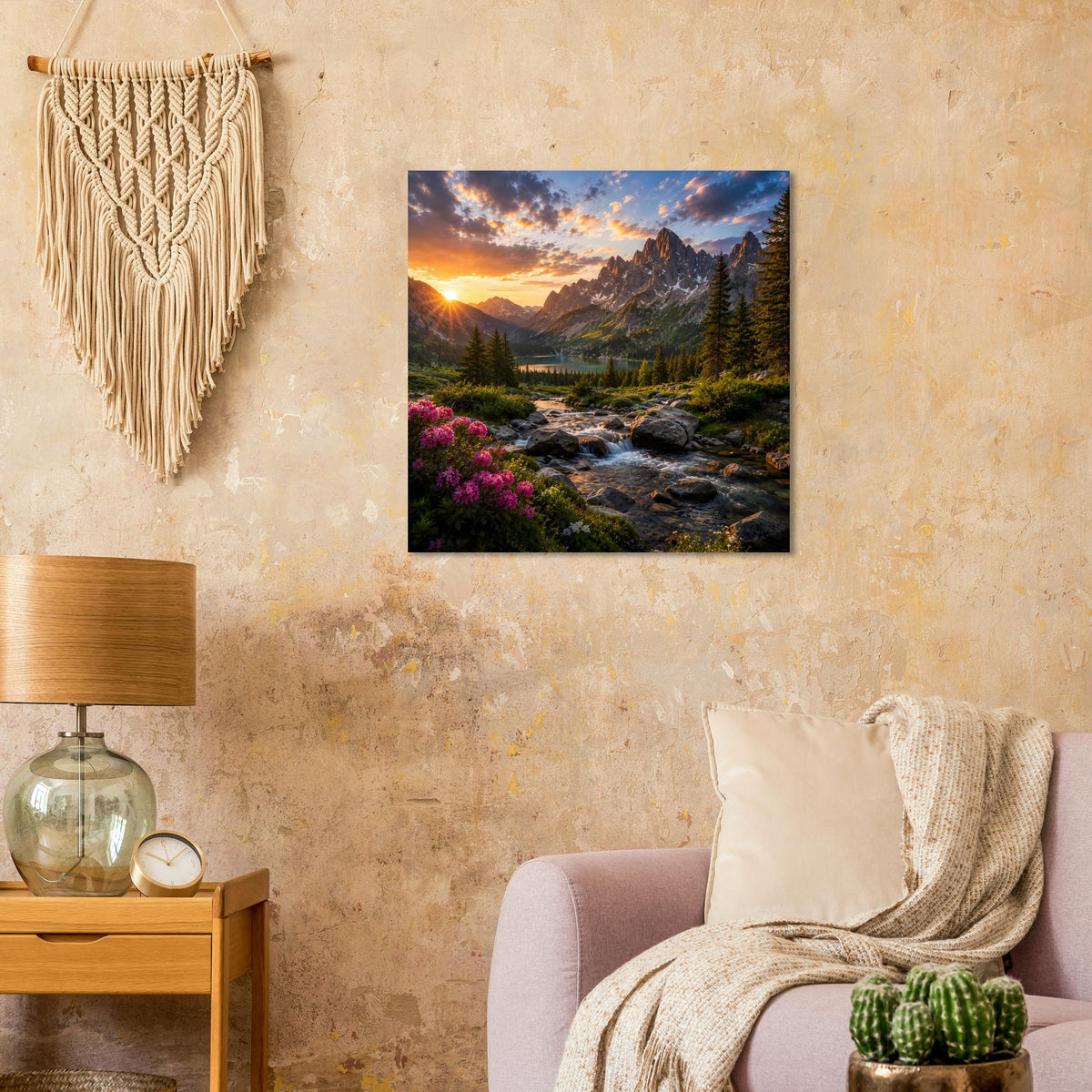 Quadratisches Wandposter: Sonnenuntergang über Berglandschaft, Bachlauf, Fichten und Blumen