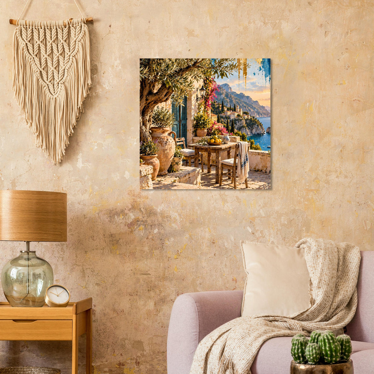 Quadratisches Poster mit mediterranem Uferblick, Tischdekoration, Blumen und Sonnenuntergang