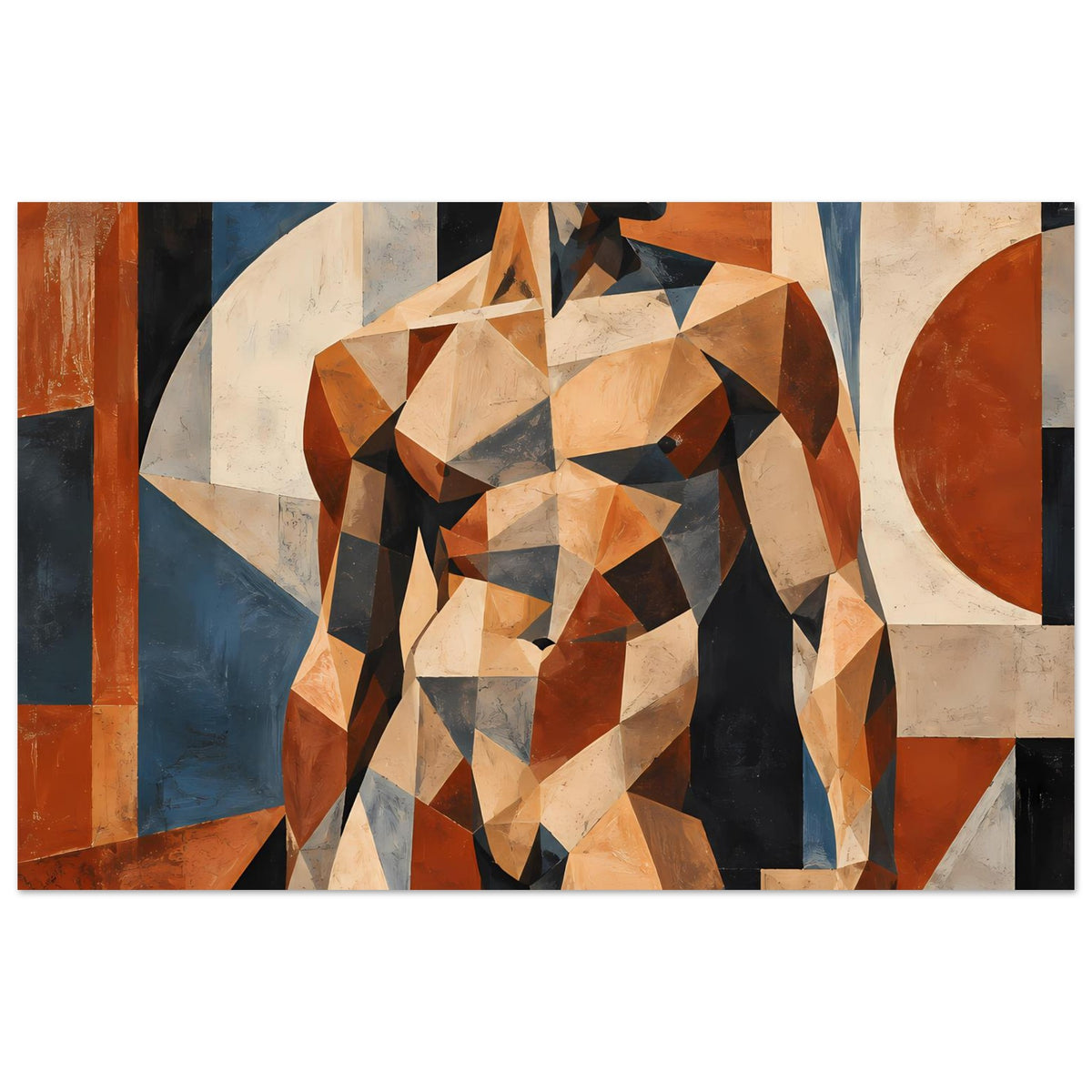 Kunstdruck: geometrische Aktfigur eines Mannes, warm-braune und blaue Farbfelder